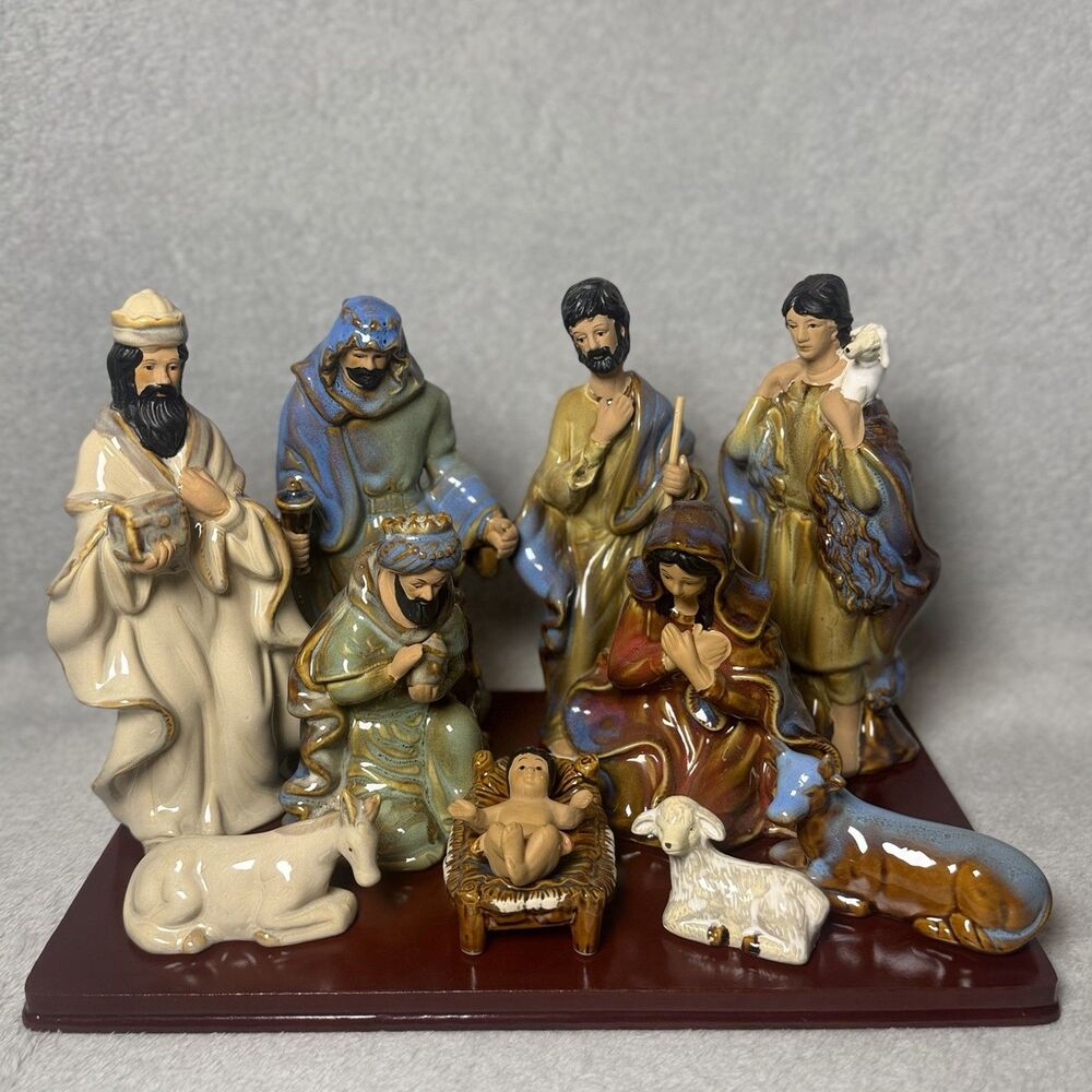 JCPenney Home Collection 11 Pc Artisan Glazed Porcelain Nativity Set Wood Base